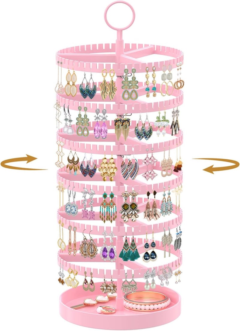 MODOWEY 6 Tier Rotating Earring Holder Organizer Display Tree with Metal Tray, Adjustable Plastic Stand with 342 Slots for Stud Hoop Hanger, Large Capacity Storage Rack for Women, Pink - Image 1